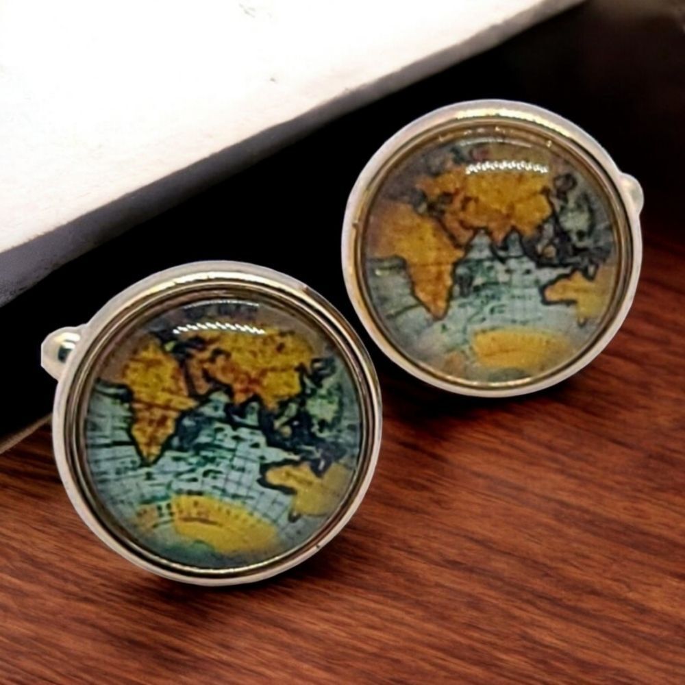 Men's World Map Gold Cufflinks Atlas Globe Tuxedo Formal Round Cuff Links  NWT